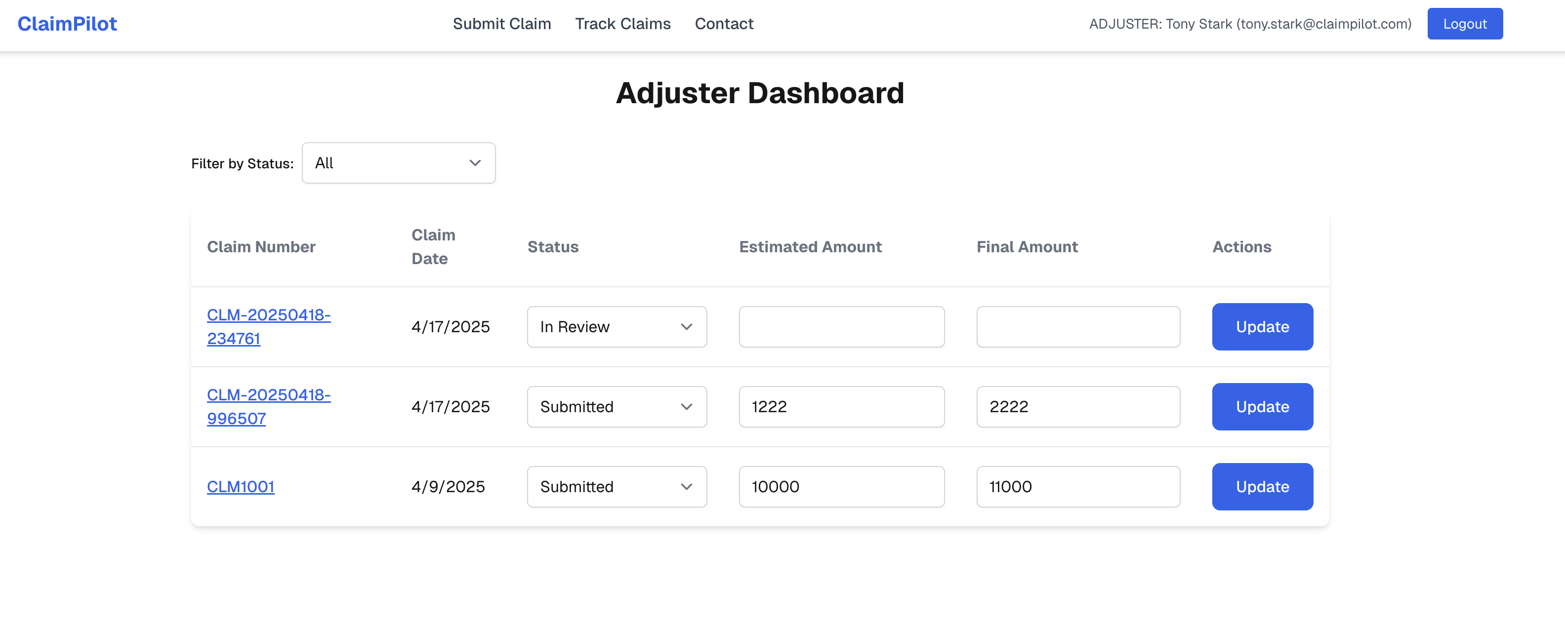 Adjuster-Dashboard Screenshot
